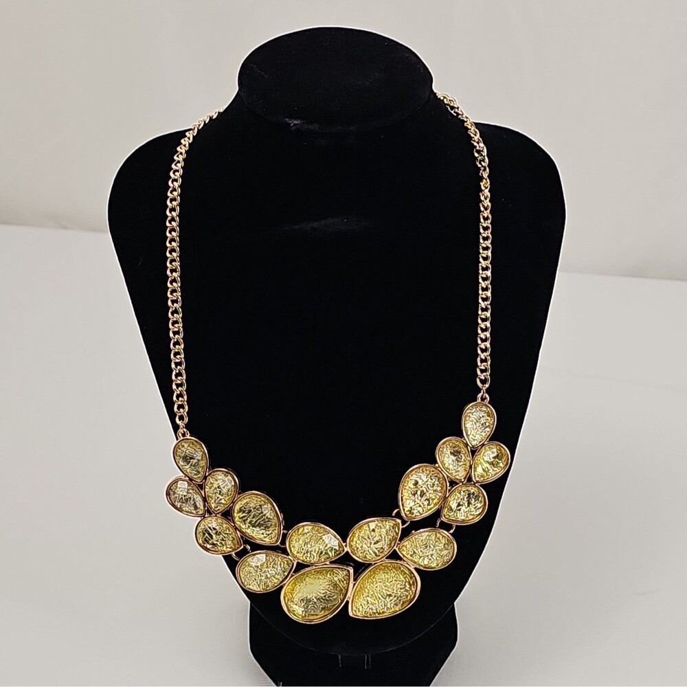 Yellow Teardrop Statement Necklace Crackle Glass Look Silver Gold Tone